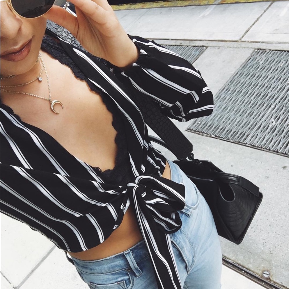 Striped tie front crop top